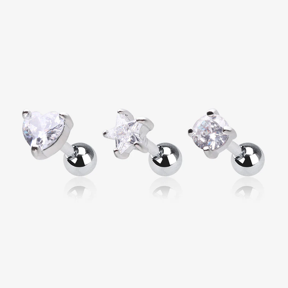 3 Pcs of Assorted Design Sparkle Gems Cartilage Tragus Barbell Earring Package
