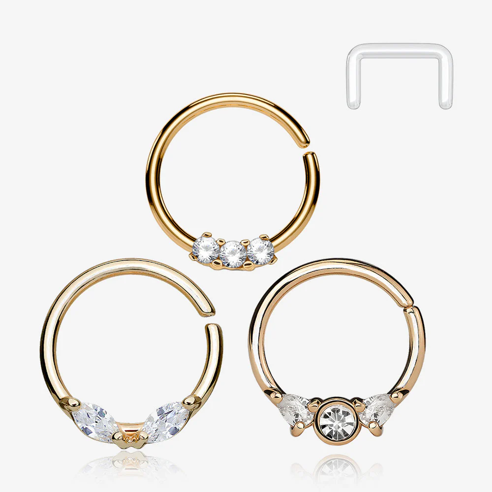 3 Pcs of Assorted Rose Gold Dainty Gem Bendable Hoop Ring with Clear Retainer Package
