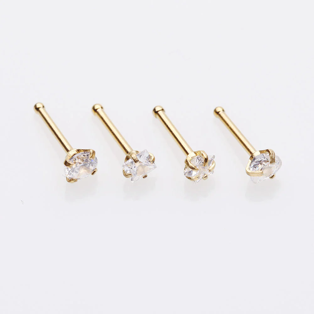 4 Pcs of Assorted Gemstone Prong Set Top Golden Nose Stud Ring Package