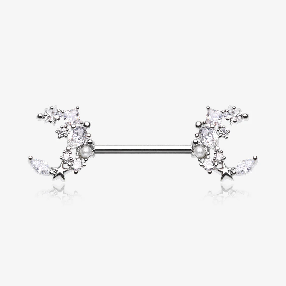 A Pair of Celestial Sparkle Crescent Moon Array Nipple Barbell