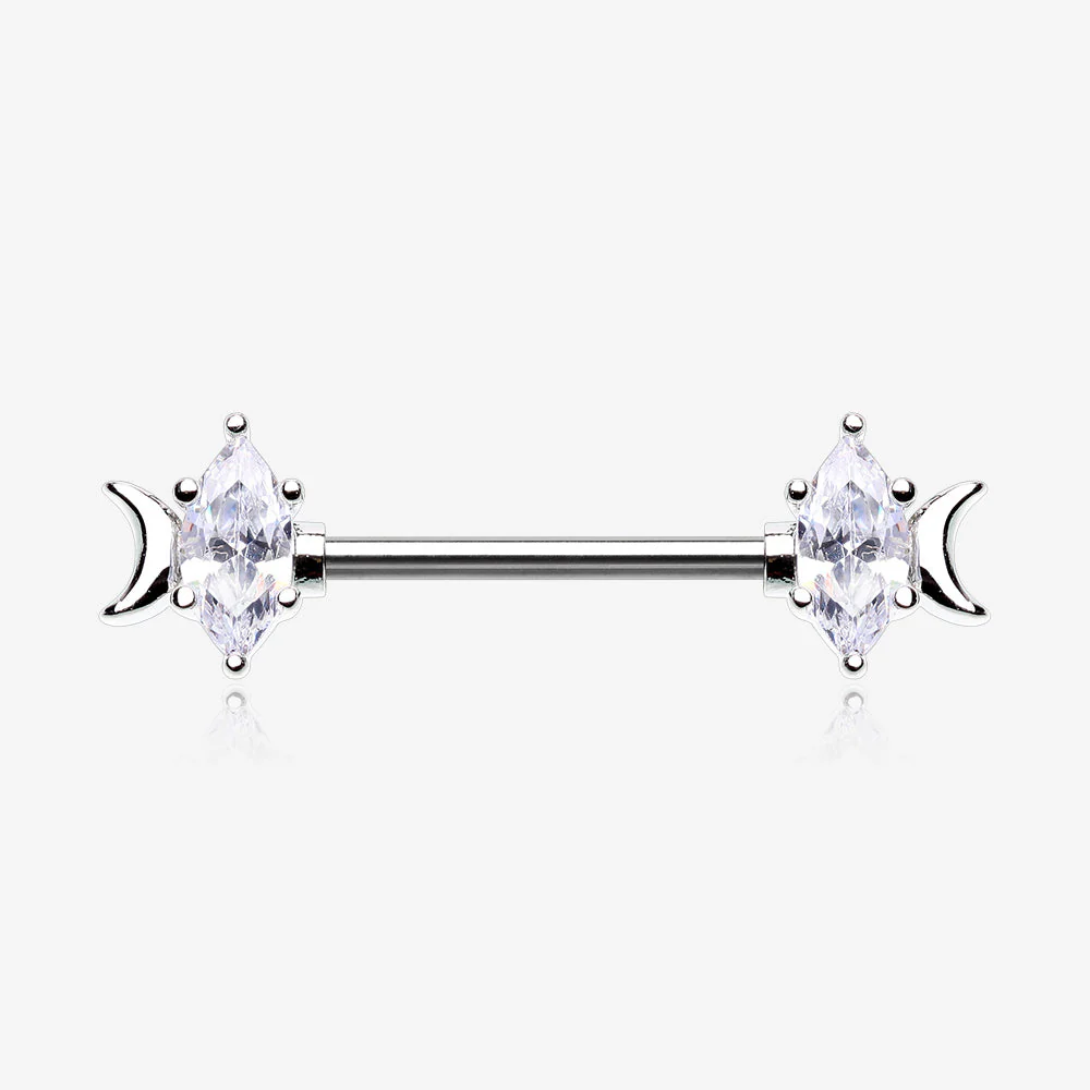 A Pair of Crescent Moon Phase Marquise Sparkle Nipple Barbell