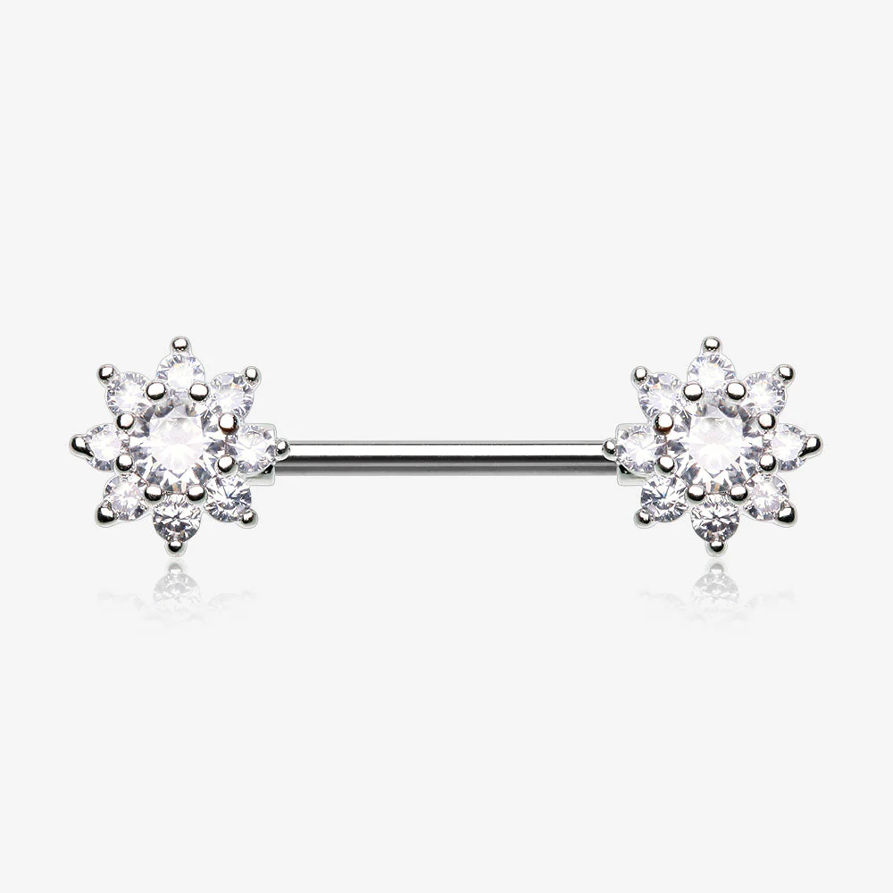 A Pair of Glistening Sparkle Flower Multi-Gem Nipple Barbell