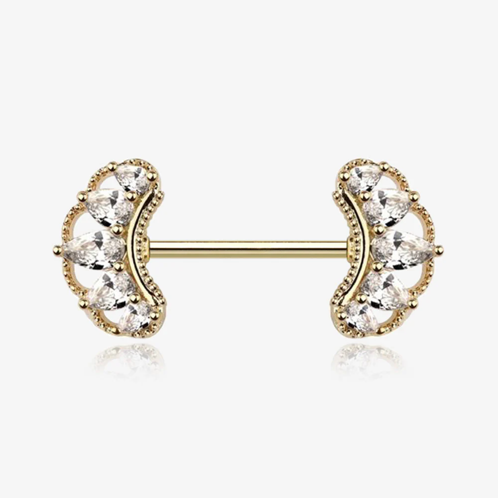 A Pair of Golden Bohemian Arc Elegance Sparkle Nipple Barbell