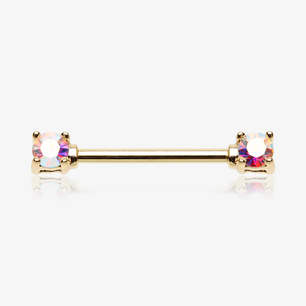 A Pair of Golden Brilliant Sparkle Gem Prong Set Nipple Barbell