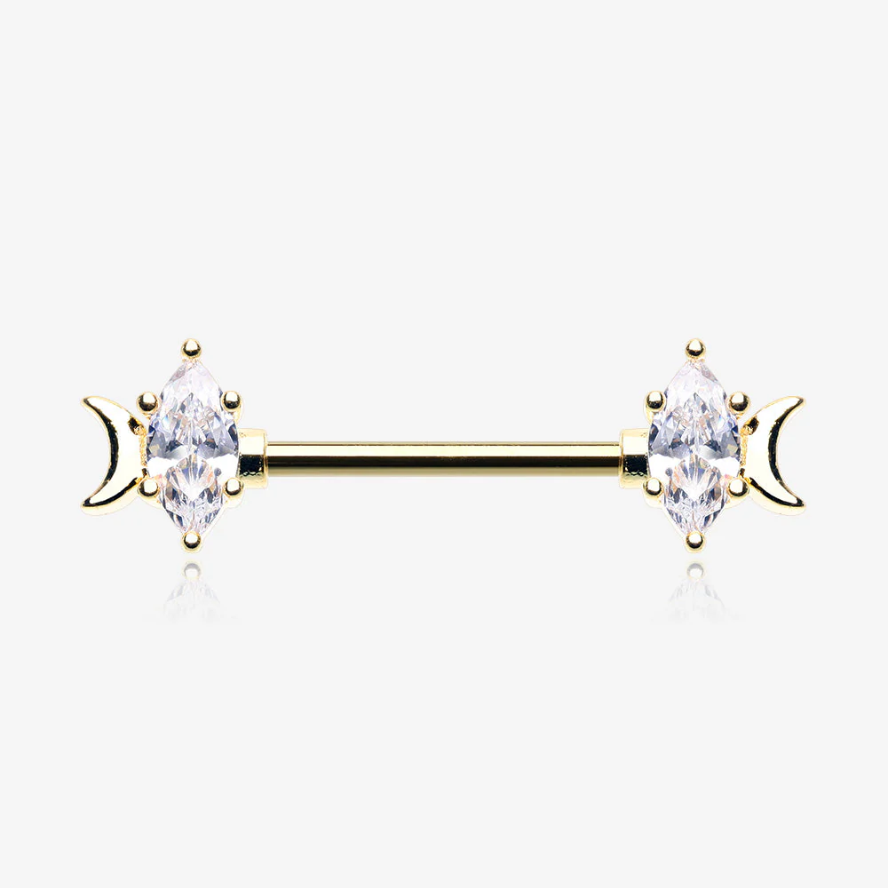 A Pair of Golden Crescent Moon Phase Marquise Sparkle Nipple Barbell