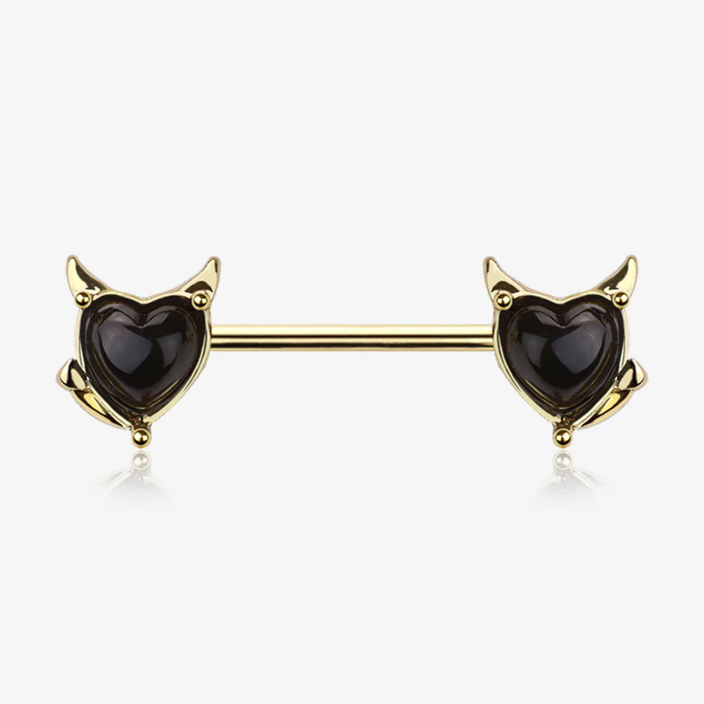 A Pair of Golden Devil Heart Sparkle Nipple Barbell
