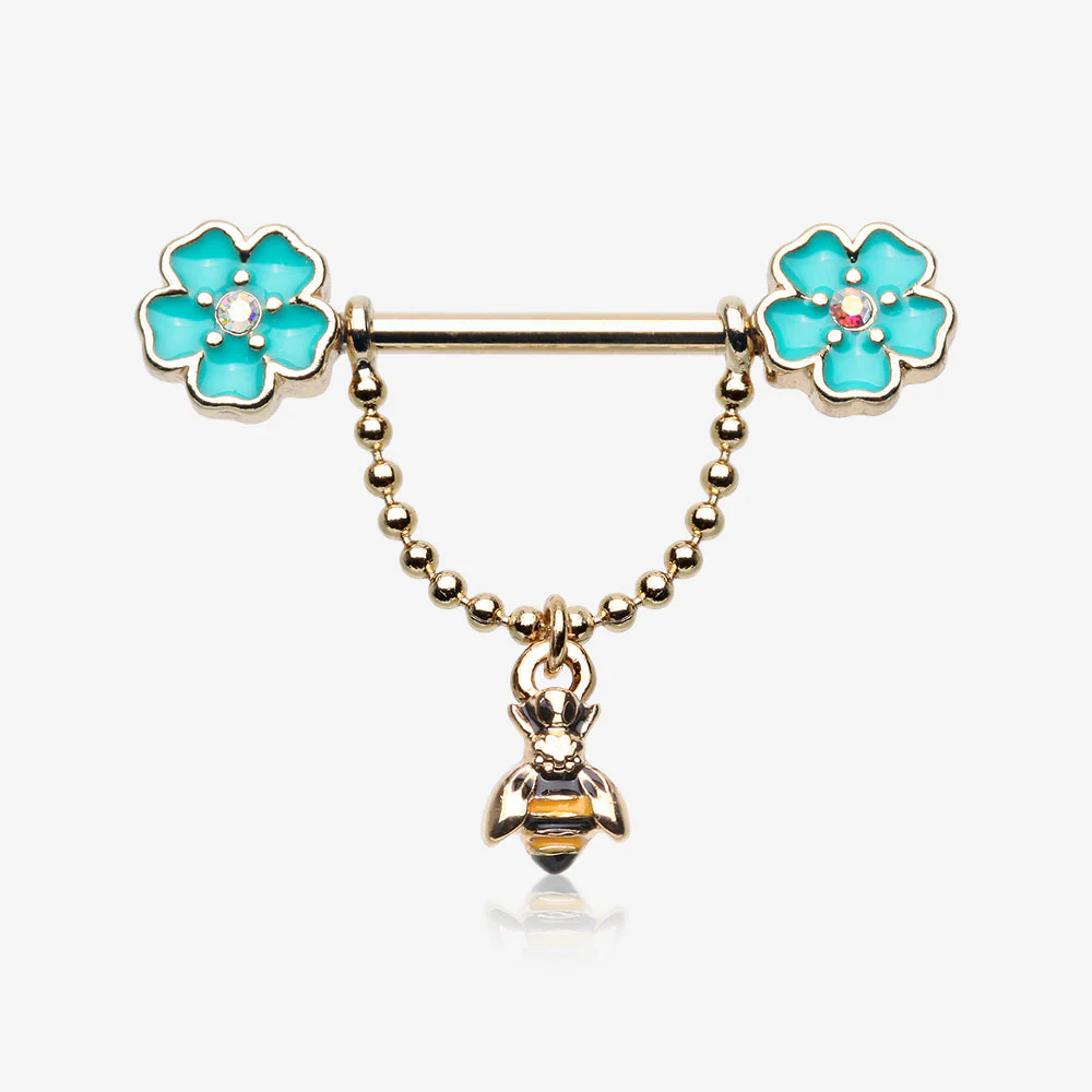 A Pair of Golden Flower Honey Bee Dangle Chain Nipple Barbell