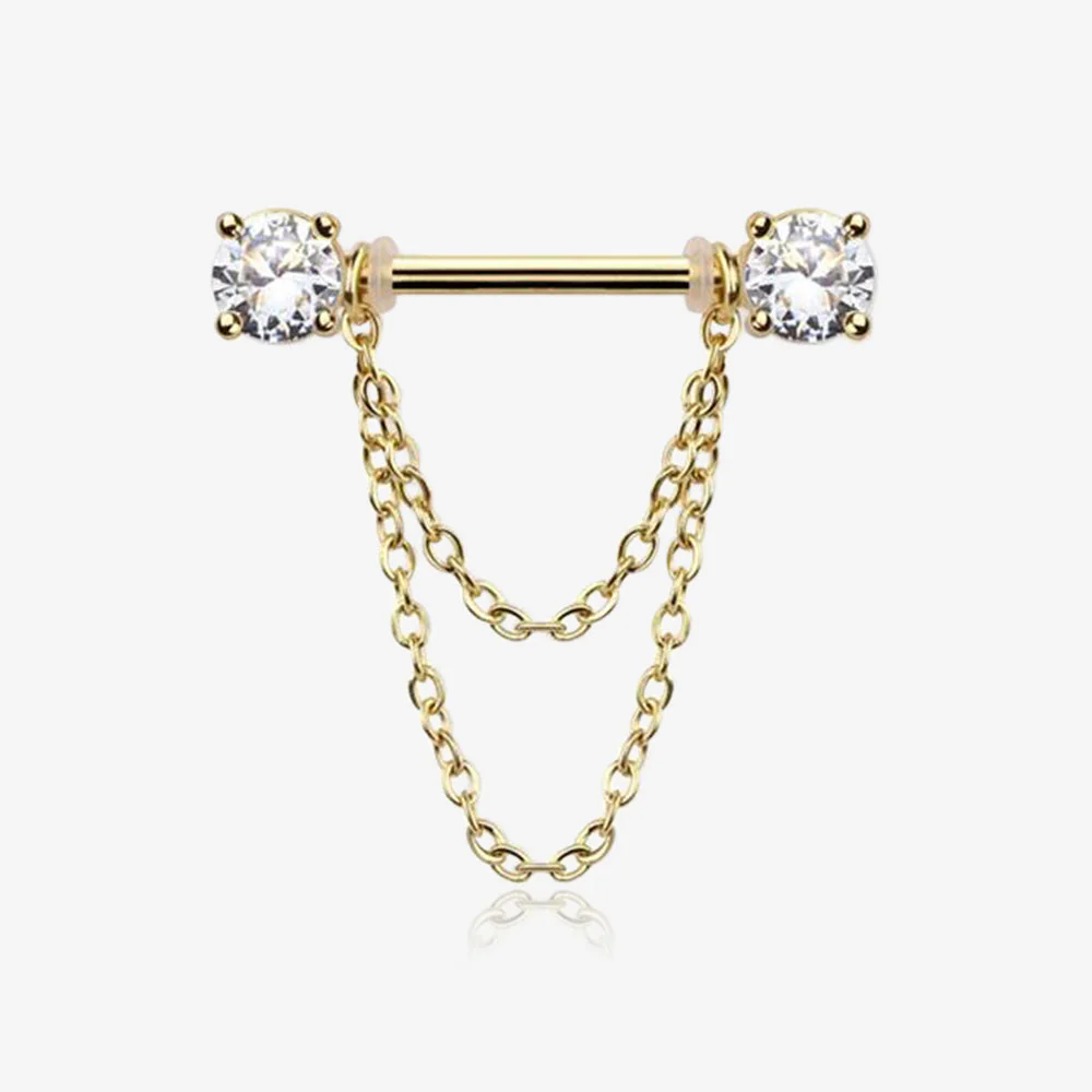 A Pair of Golden Gem Sparkle Double Chained Nipple Barbell