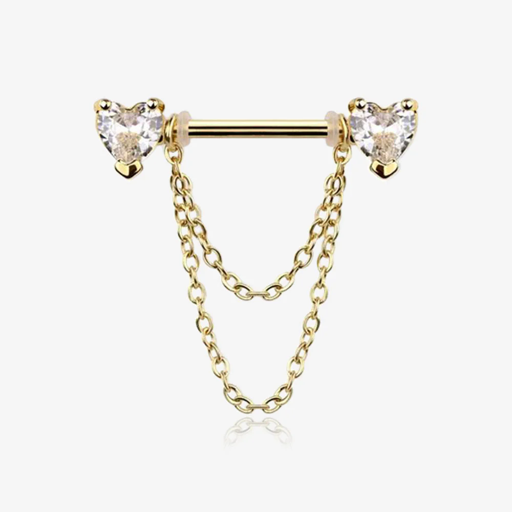 A Pair of Golden Heart Gem Sparkle Double Chained Nipple Barbell