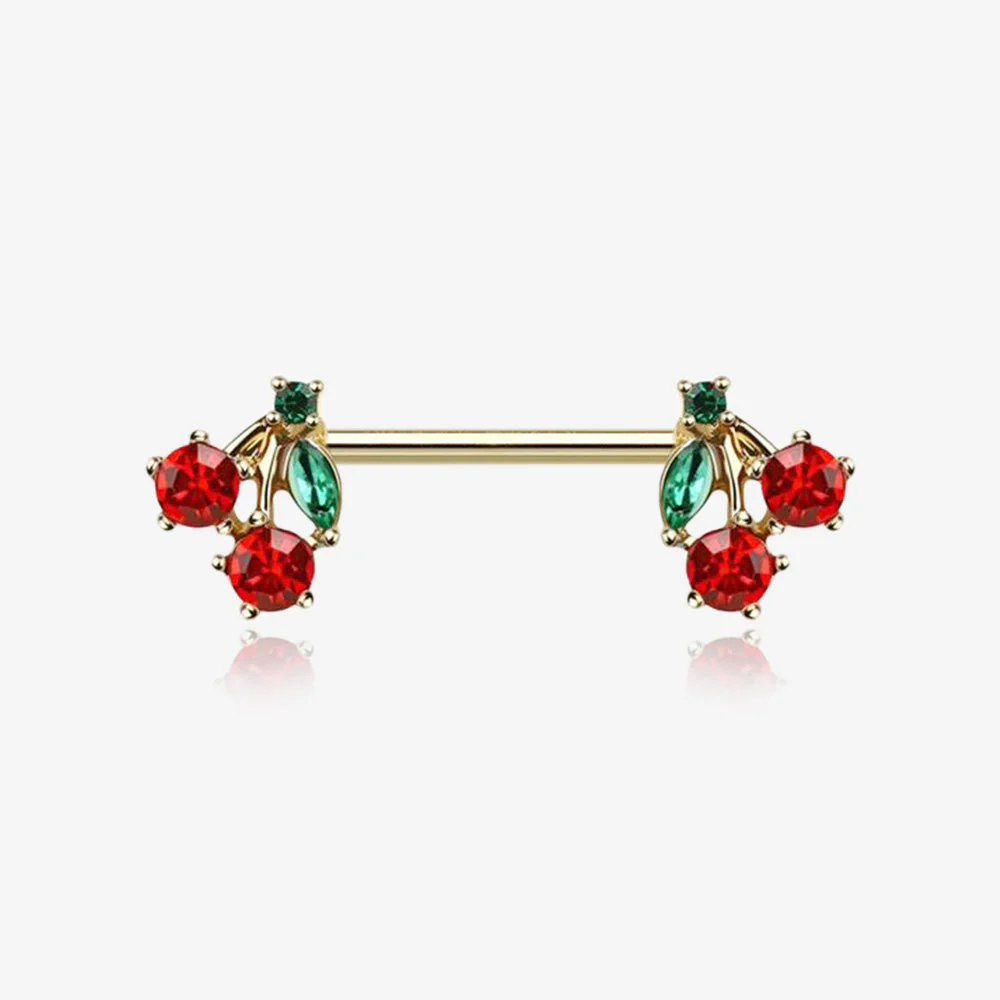 A Pair of Golden Luscious Cherry Fruit Sparkle Nipple Barbell