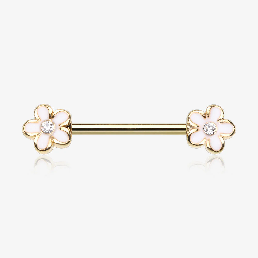 A Pair of Golden Plumeria Flower Sparkle Nipple Barbell