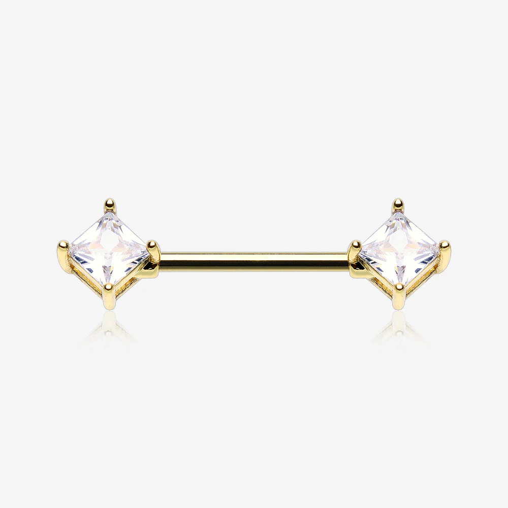 A Pair of Golden Princess Cut Square Sparkle Gem Nipple Barbell