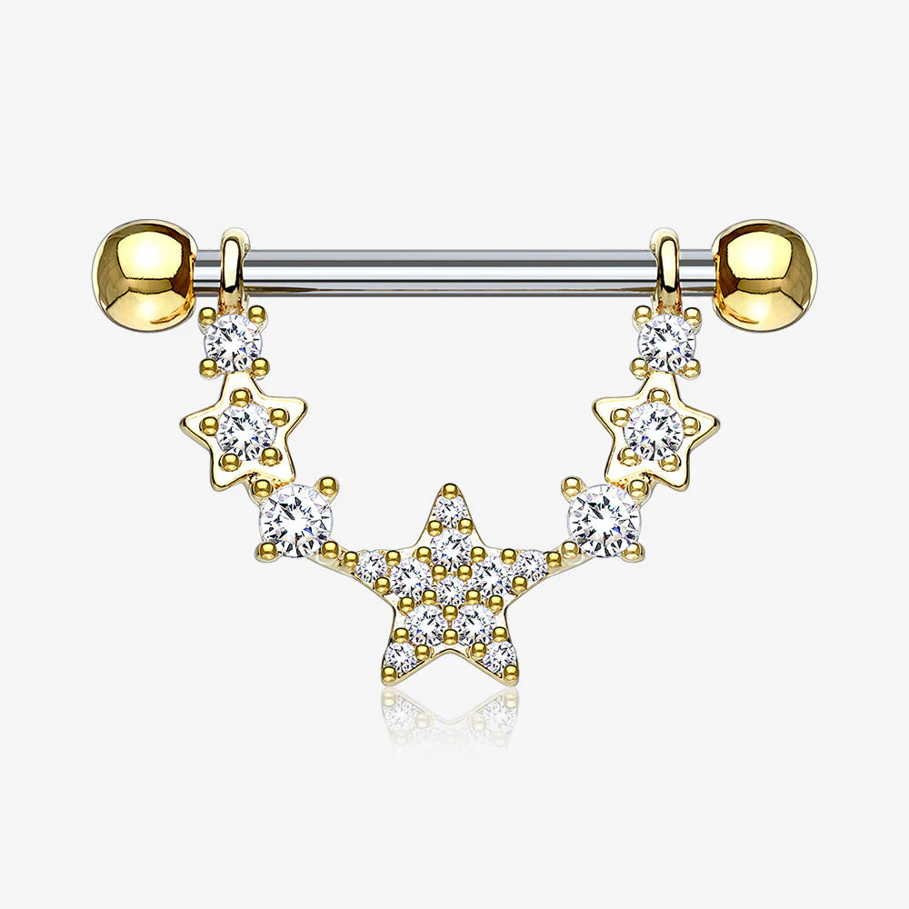 A Pair of Golden Sparkly Glam Stars Dangle Nipple Shield