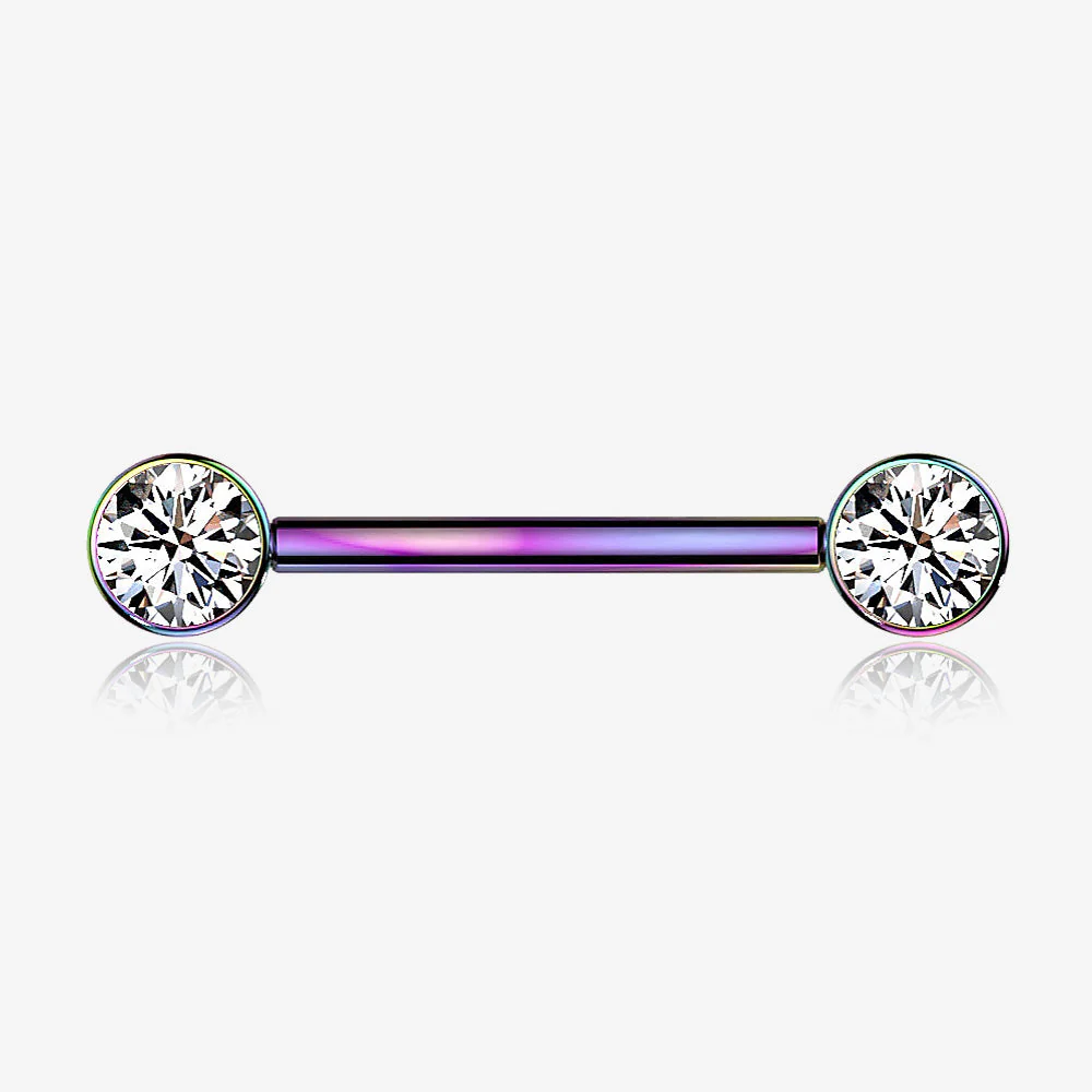 A Pair of Implant Grade Titanium Colorline Bezel Set Sparkle Internally Threaded Nipple Barbell