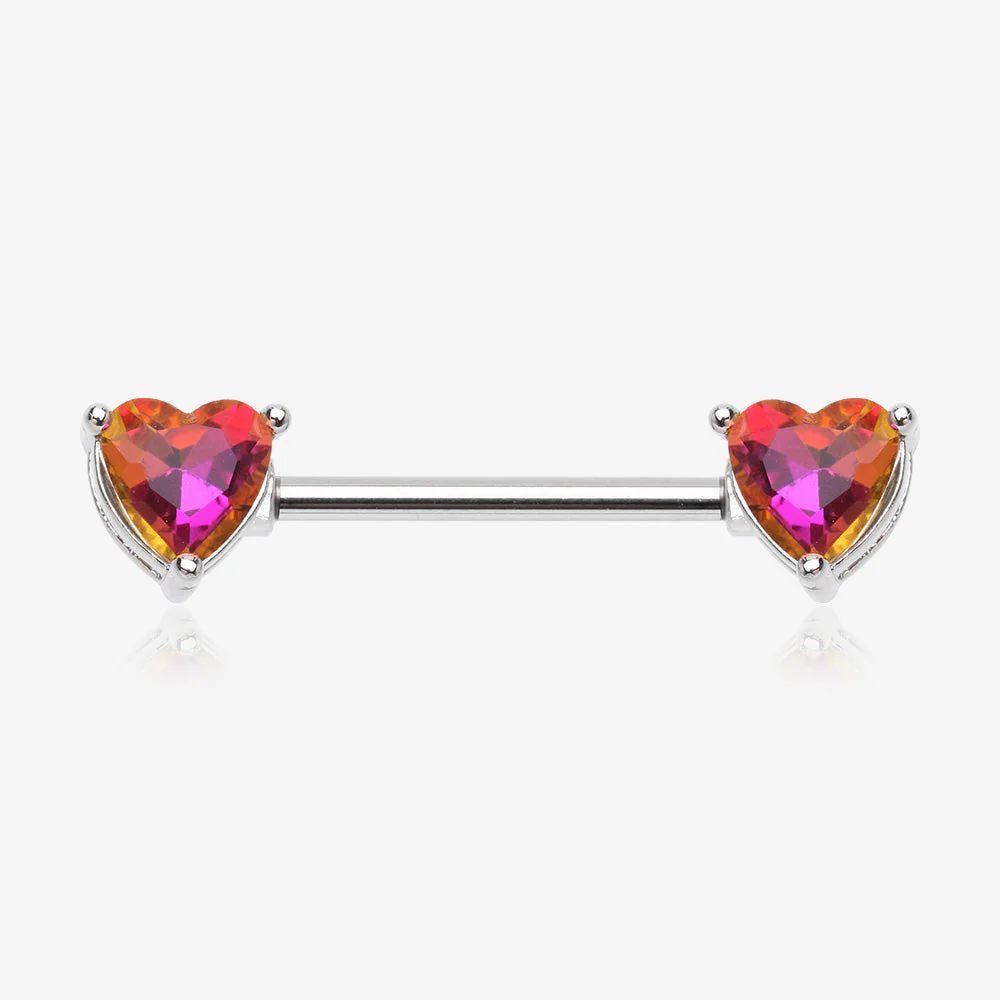 A Pair of Iridescent Heart Gem Sparkle Nipple Barbell