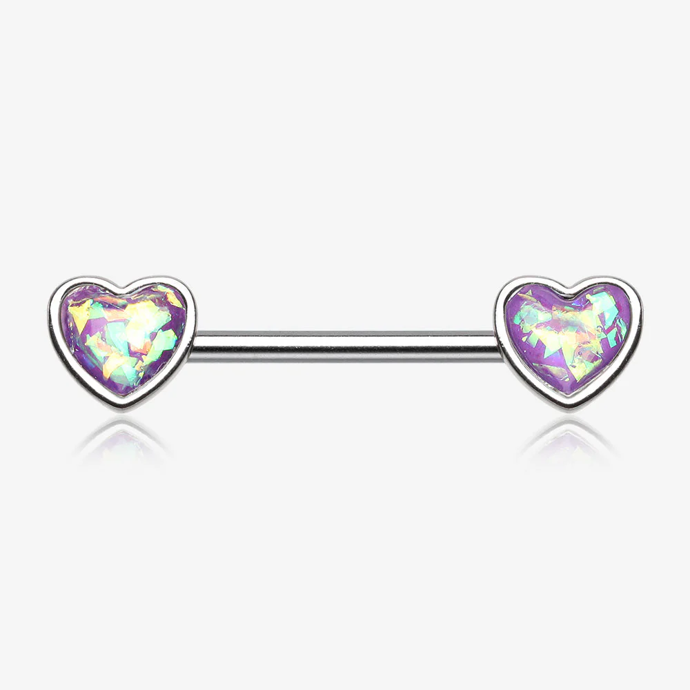 A Pair of Opalescent Heart Sparkle Nipple Barbell