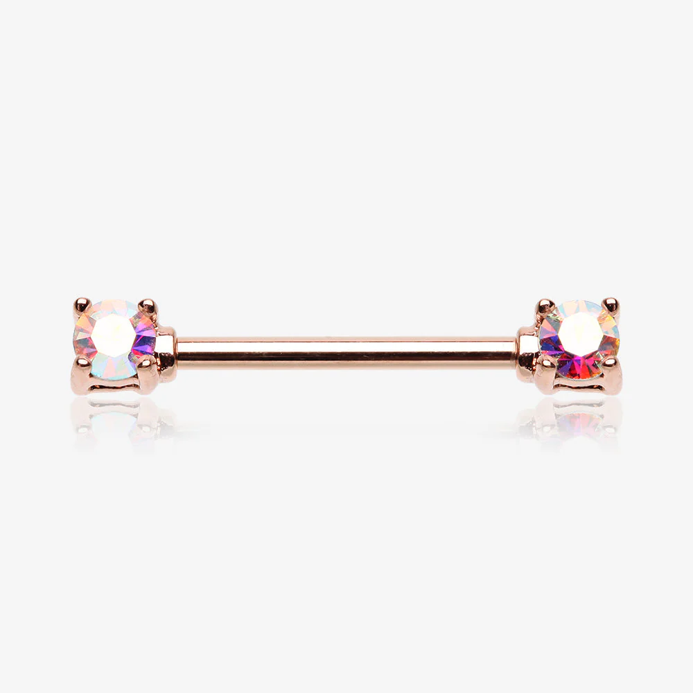 A Pair of Rose Gold Brilliant Sparkle Gem Prong Set Nipple Barbell