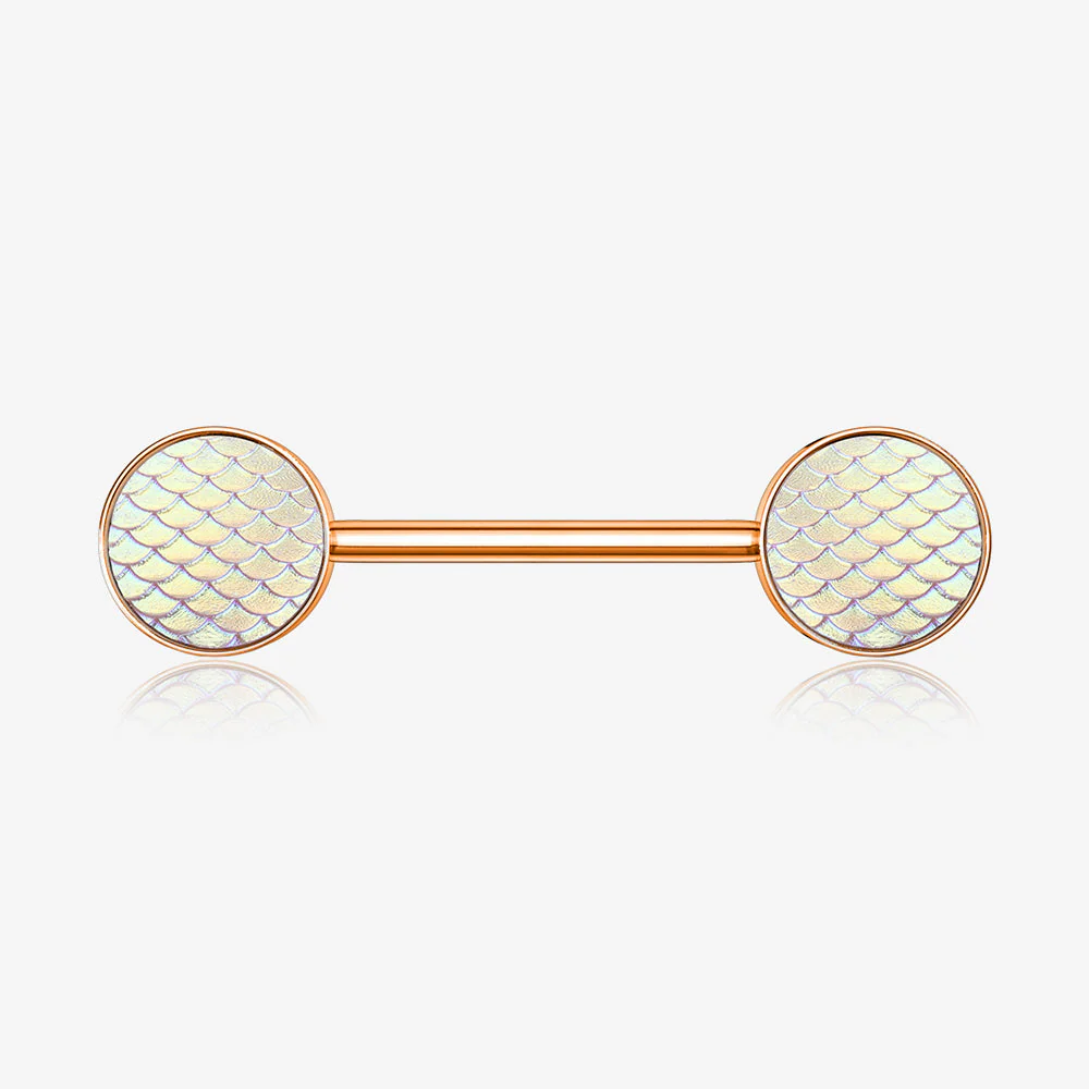 A Pair of Rose Gold Iridescent Mermaid Scale Nipple Barbell