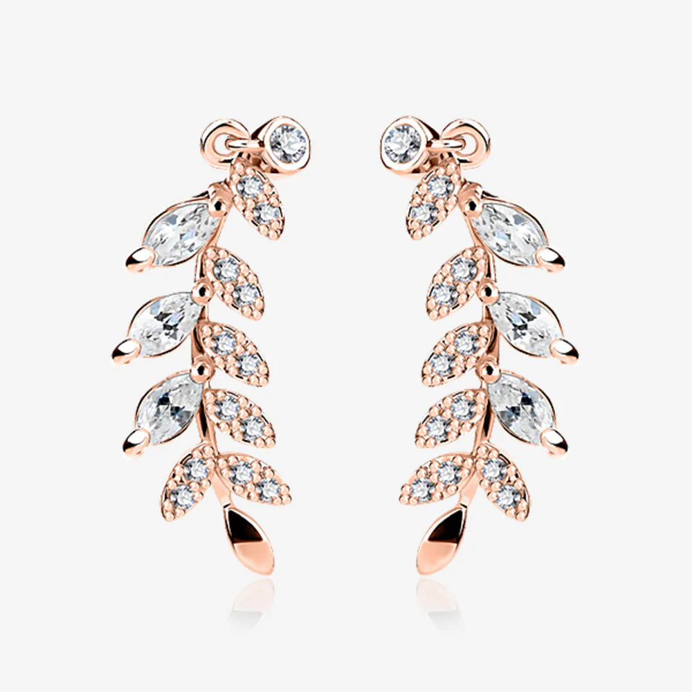 A Pair of Rose Gold Leaf Vine Sparkle Journey Ear Climber Earring