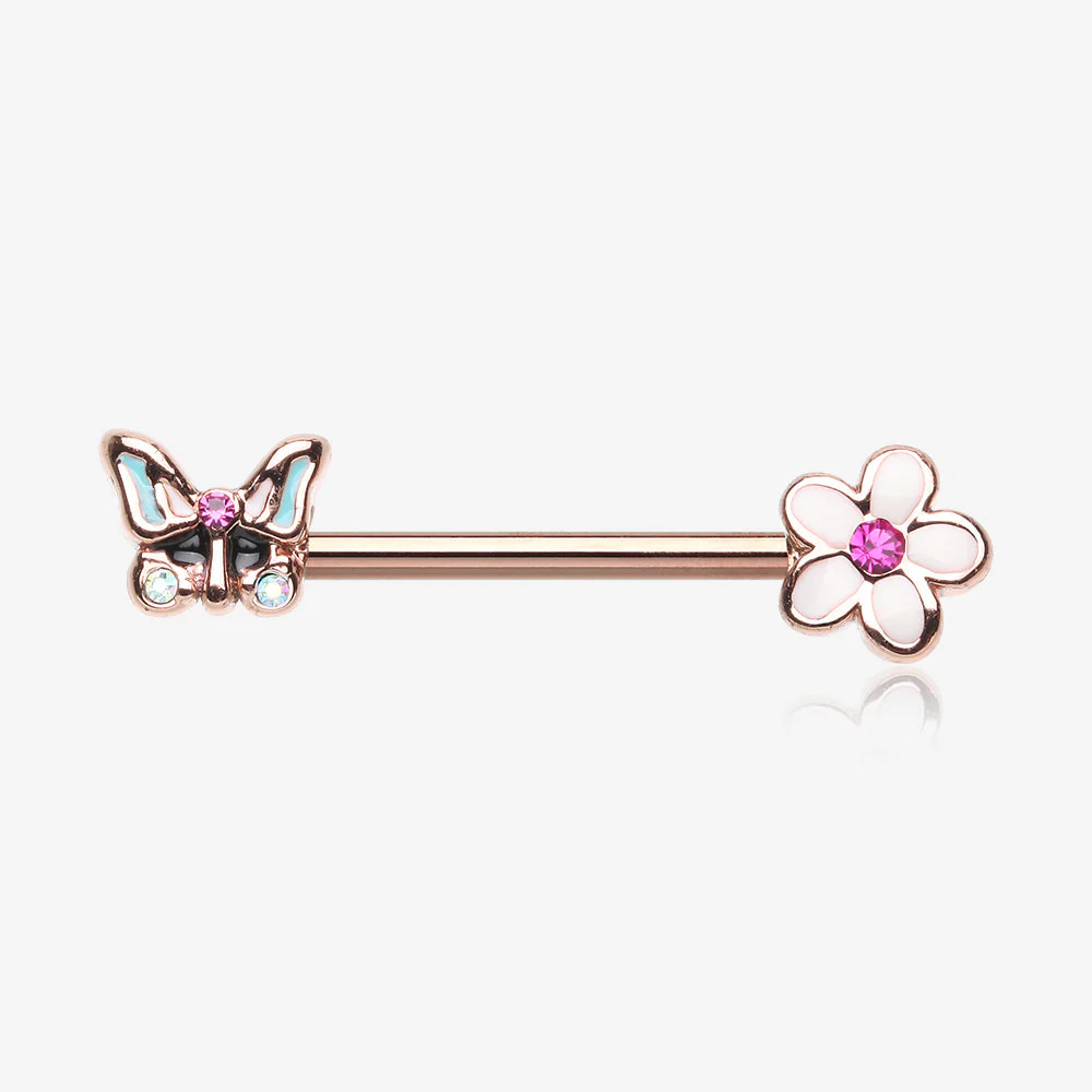 A Pair of Rose Gold Sweet Butterfly Flower Garden Nipple Barbell