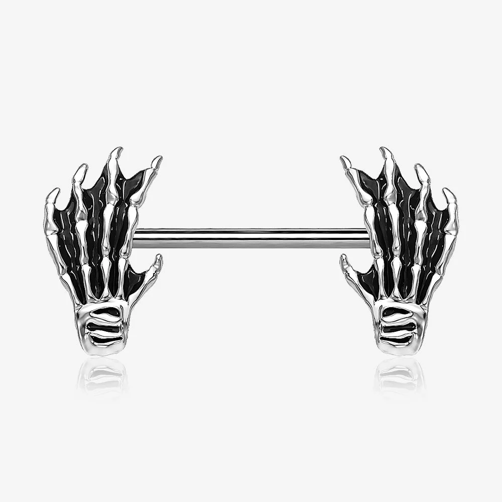 A Pair of Skeleton Hands of Death Steel Nipple Barbell