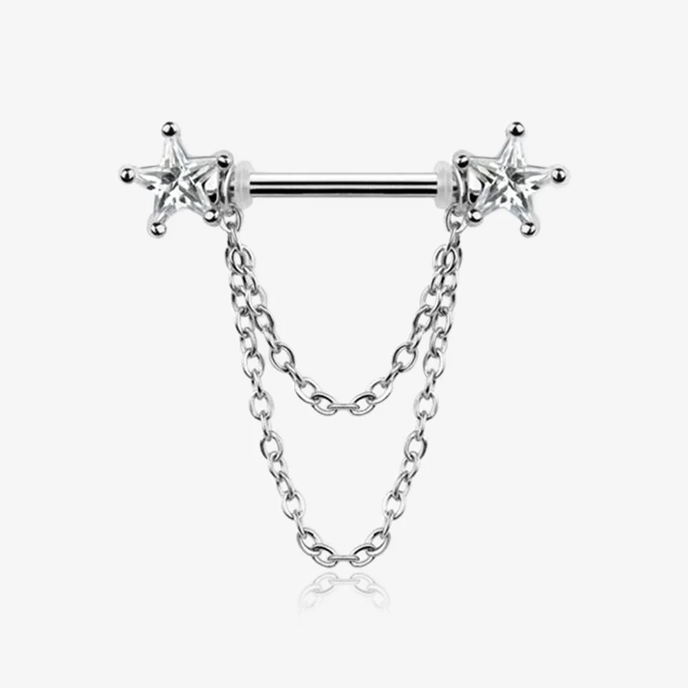 A Pair of Star Gem Sparkle Double Chained Nipple Barbell