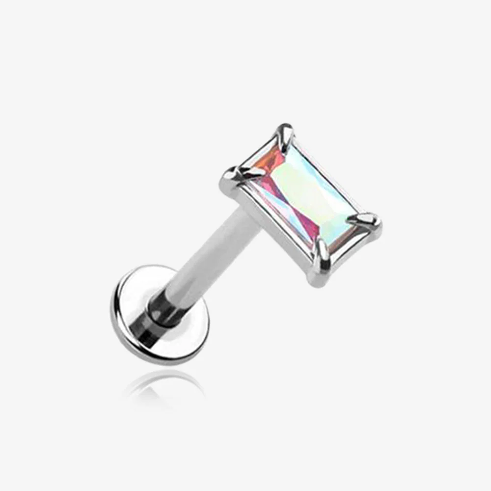 Baguette Prong Set Sparkle Top Internally Threaded Labret Flat Back Stud