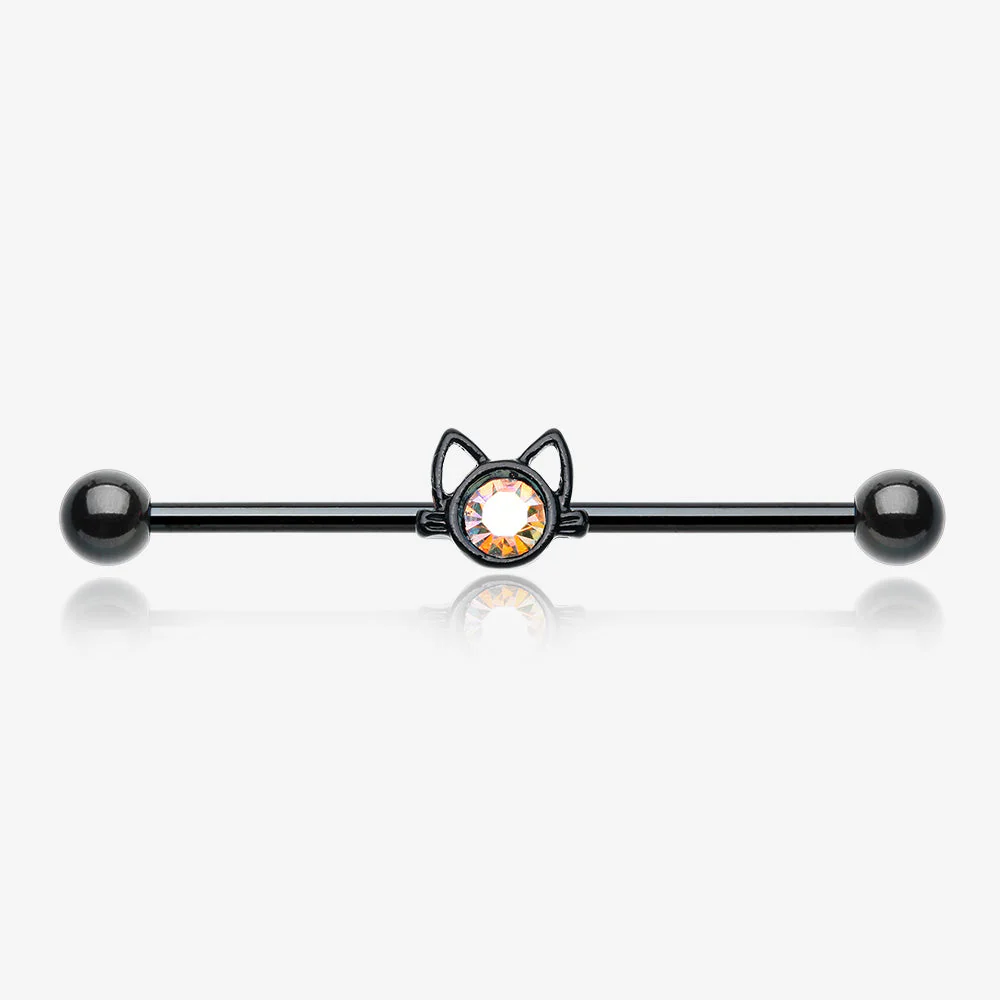 Blackline Adorable Kitty Cat Face Sparkle Industrial Barbell