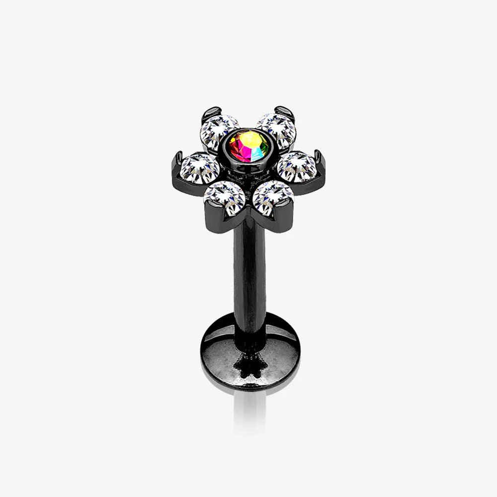 Blackline Brilliant Sparkle Flower Top Internally Threaded Steel Labret