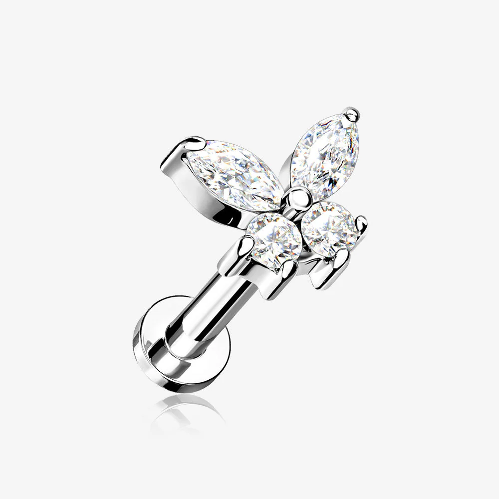 Butterfly Sparkle Prong Set Top Internally Threaded Steel Flat Back Stud Labret
