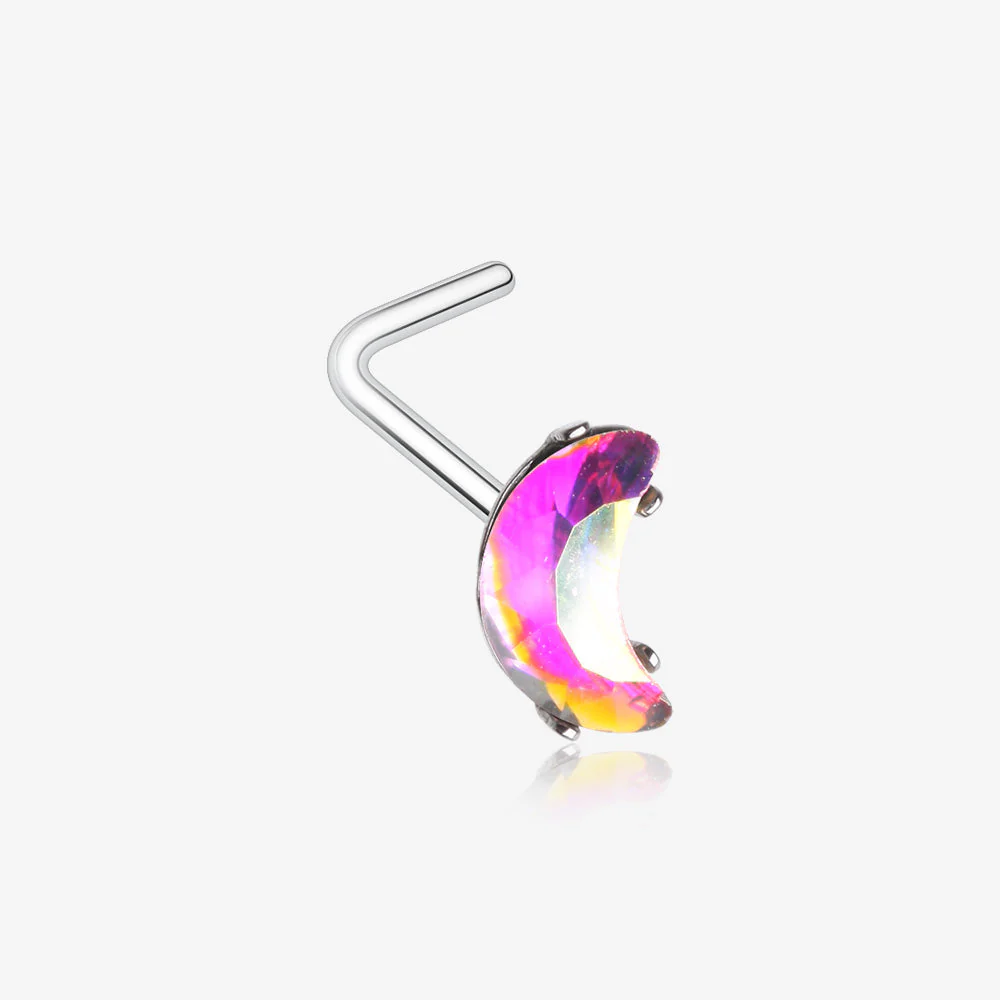 Crescent Moon Aurora Gem Sparkle L-Shaped Nose Ring
