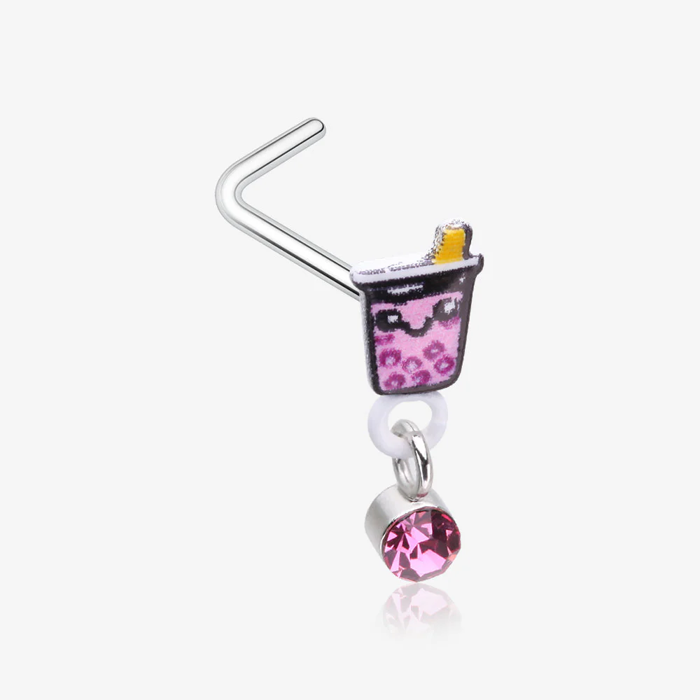 Cute Boba Tapioca Drink Sparkle Dangle L-Shaped Nose Ring