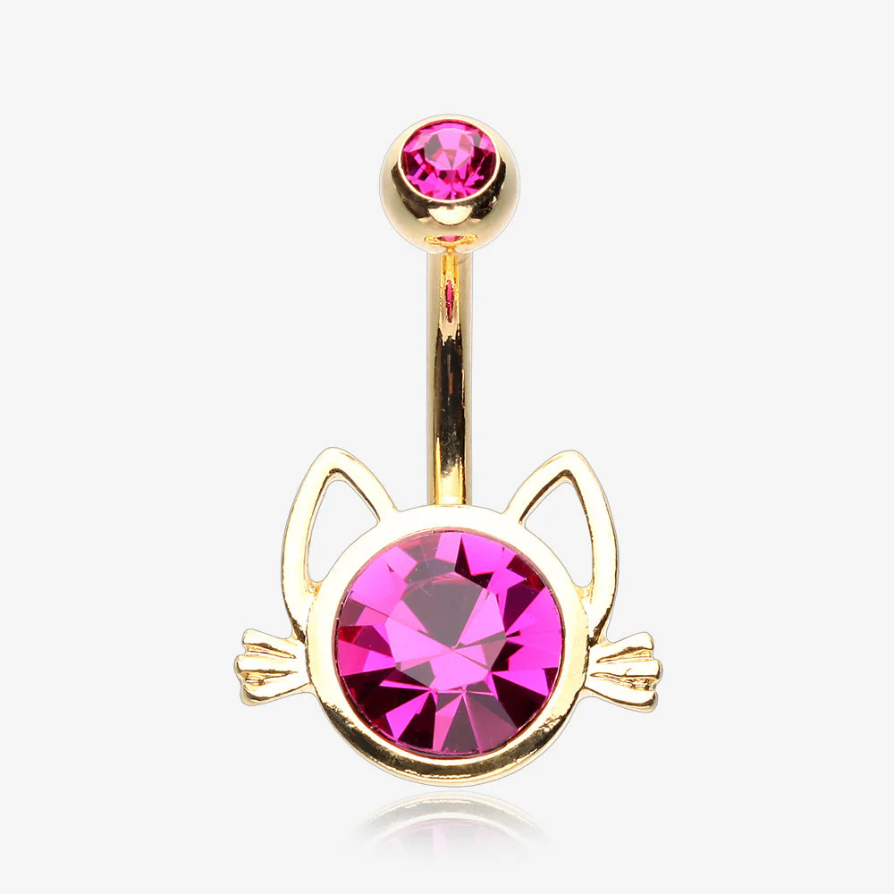 Golden Adorable Cat Face Sparkle Belly Button Ring