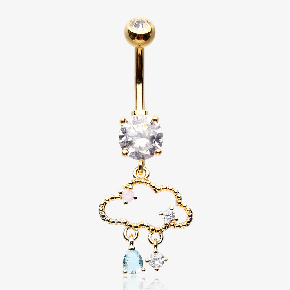 Golden Adorable Cloud Rainy Sparkles Belly Button Ring