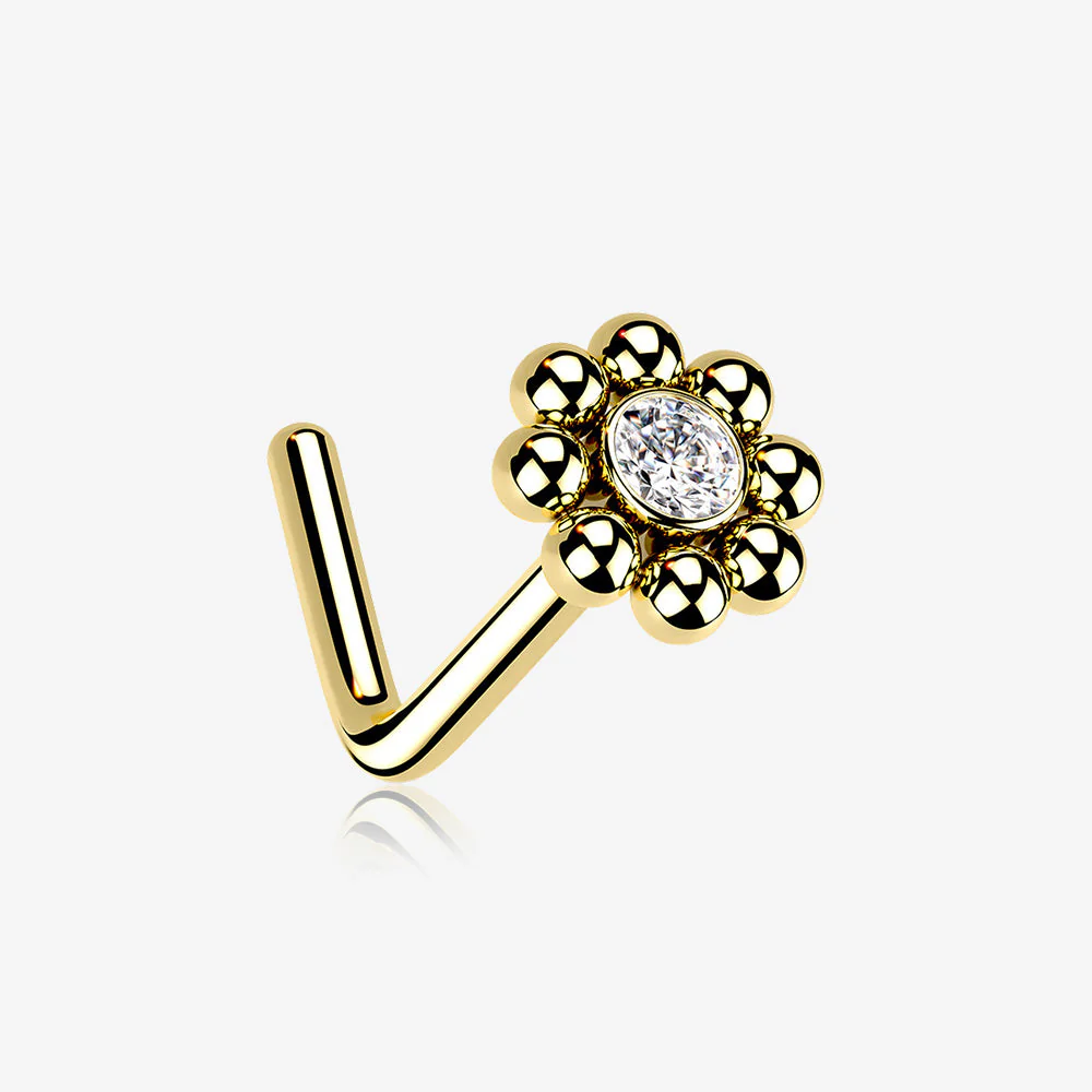 Golden Bali Beads Flower Sparkle Steel L-Shaped Nose Ring