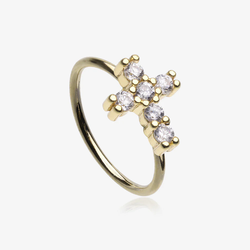 Golden Brilliant Sparkle Cross Multi-Gem Bendable Hoop Ring