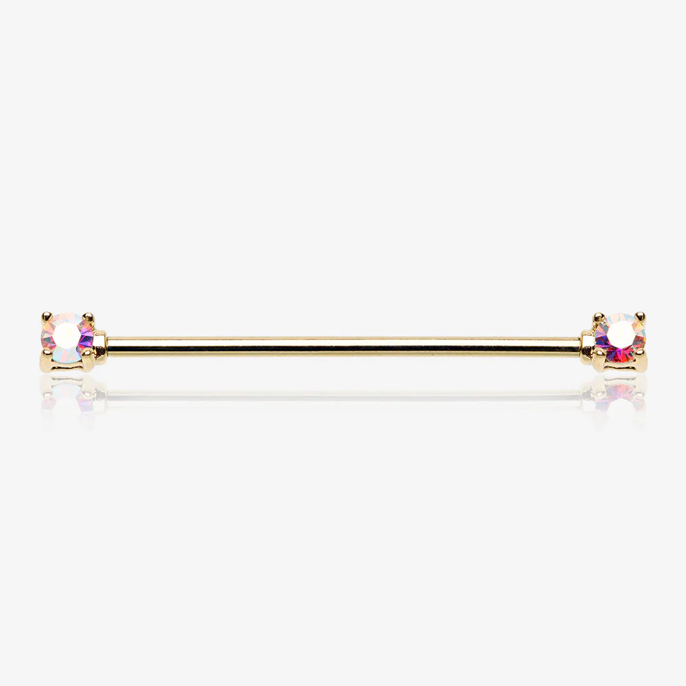 Golden Brilliant Sparkle Gem Prong Set Industrial Barbell