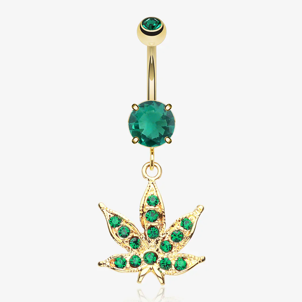 Golden Cannabis Leaf Sparkle Belly Button Ring