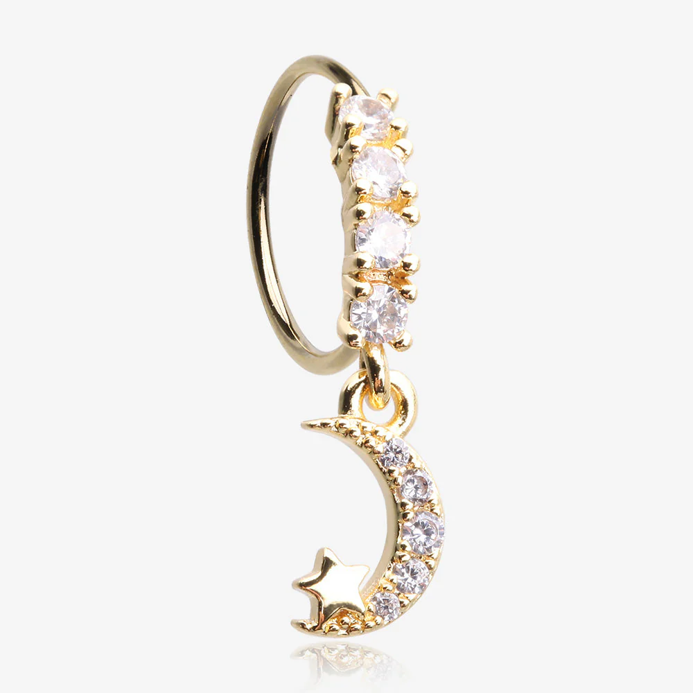 Golden Crescent Moon and Star Sparkle Dangle Multi-Gem Lined Bendable Hoop Ring