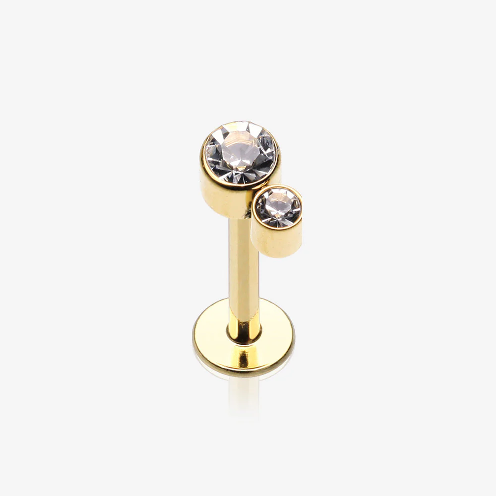 Golden Double Gem Sparkle Droplets Internally Threaded Steel Labret