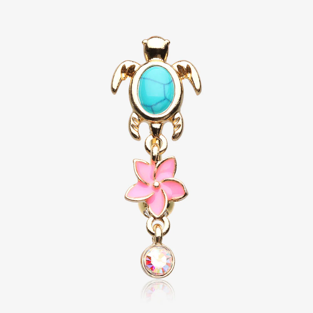 Golden Hawaiian Plumeria Turtle Sparkle Reverse Belly Button Ring
