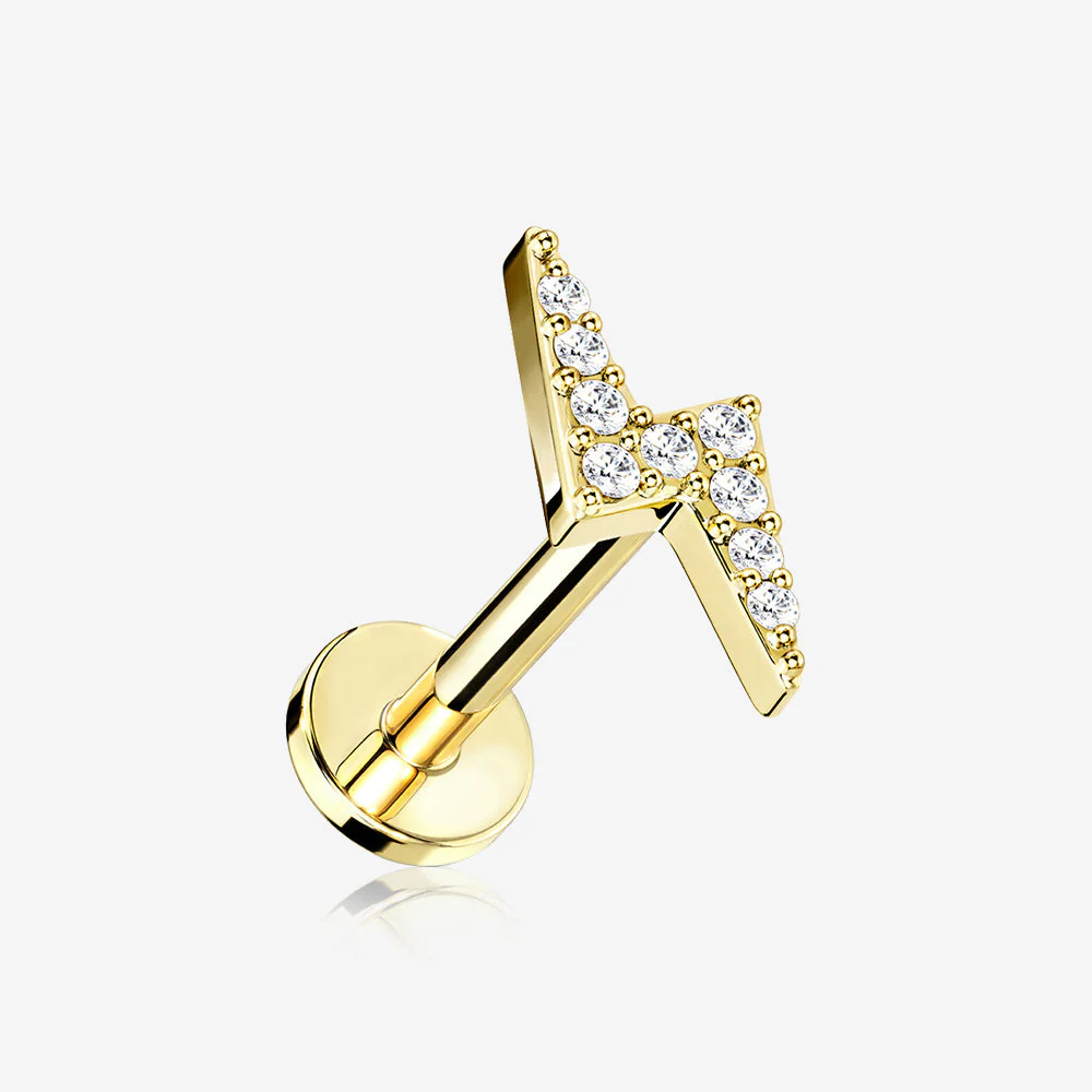 Golden Lightning Bolt Sparkle Top Internally Threaded Steel Flat Back Stud Labret