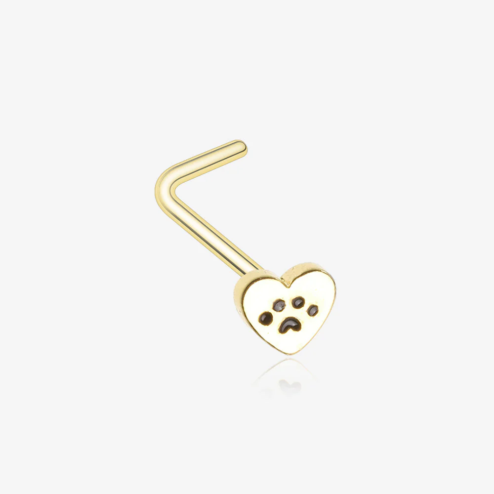 Golden Paw in Heart Animal Lover L-Shaped Nose Ring