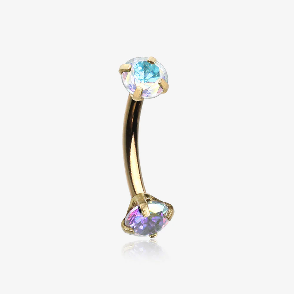 Golden Prong Set Gem Sparkles Internally Threaded Curved Barbell