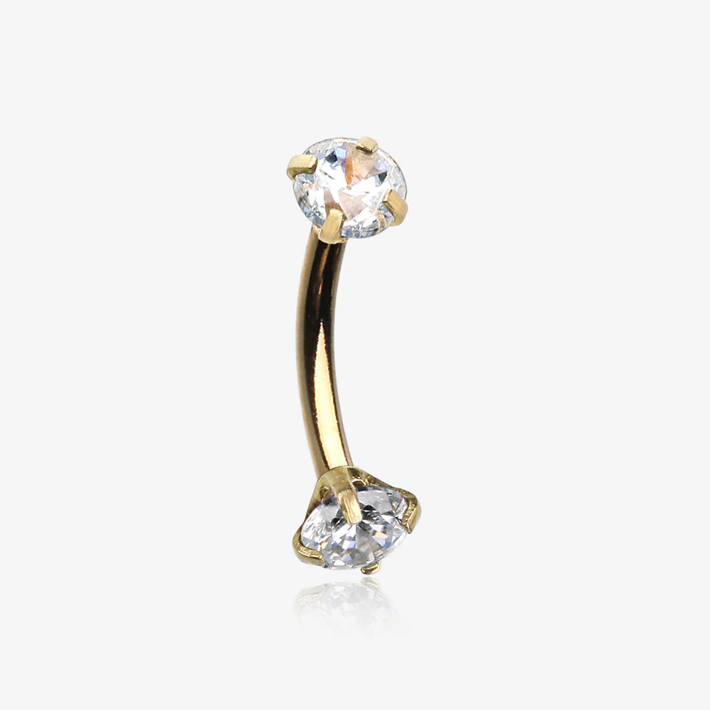 Golden Prong Set Gem Sparkles Internally Threaded Curved Barbell