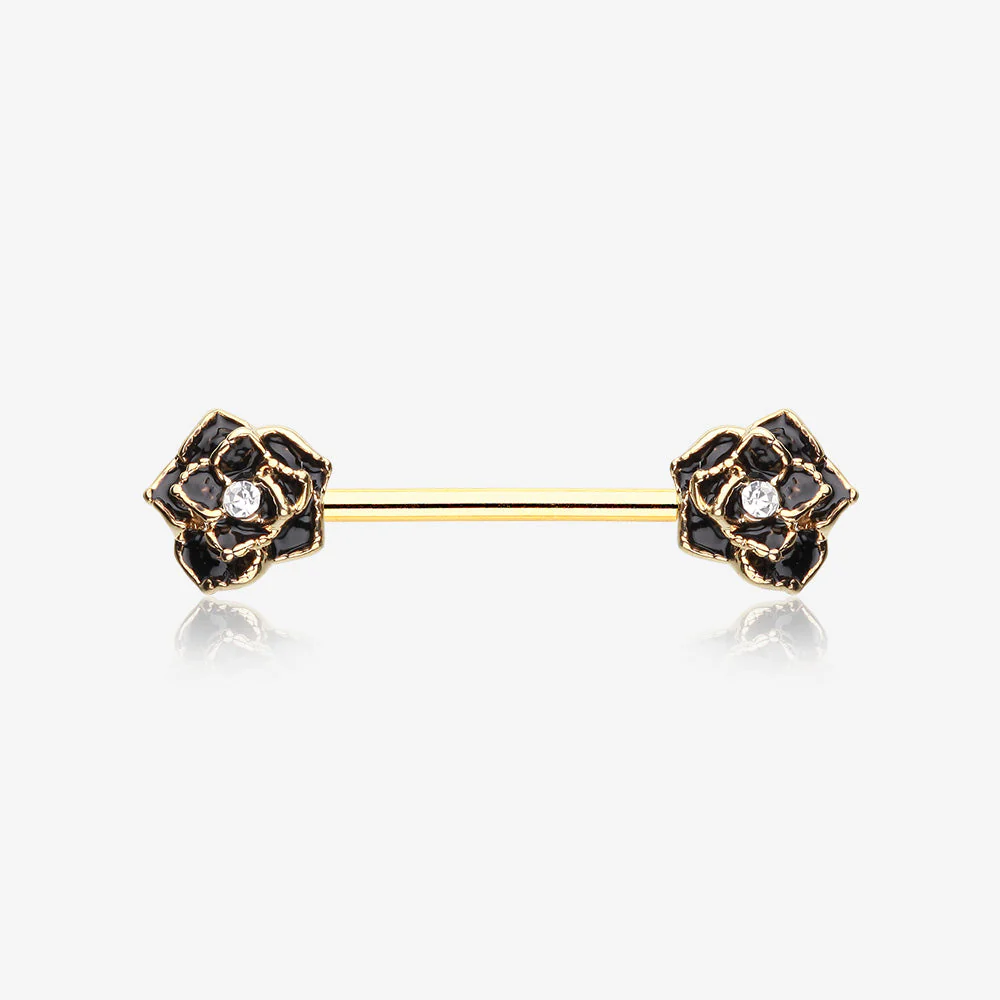 A Pair of Golden Rose Sparkle Nipple Barbell Ring