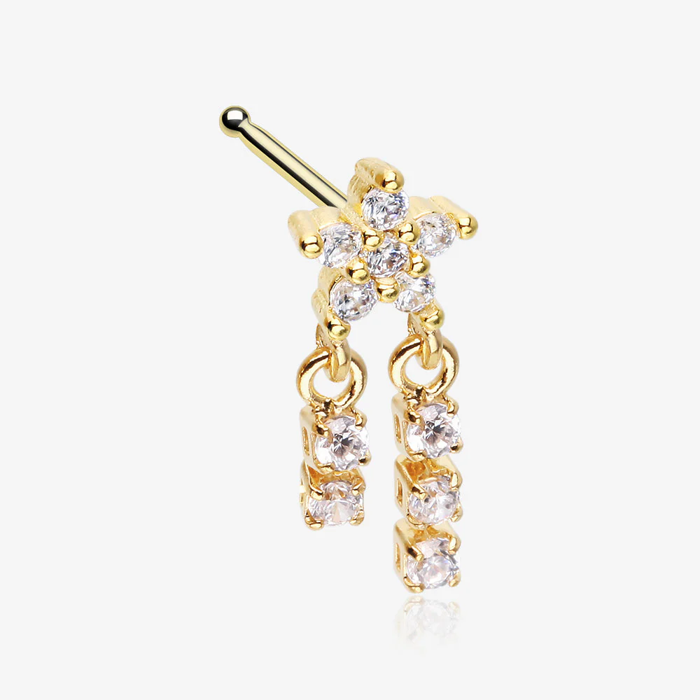 Golden Sparkle Flower Dangle Gem Drop Nose Stud Ring