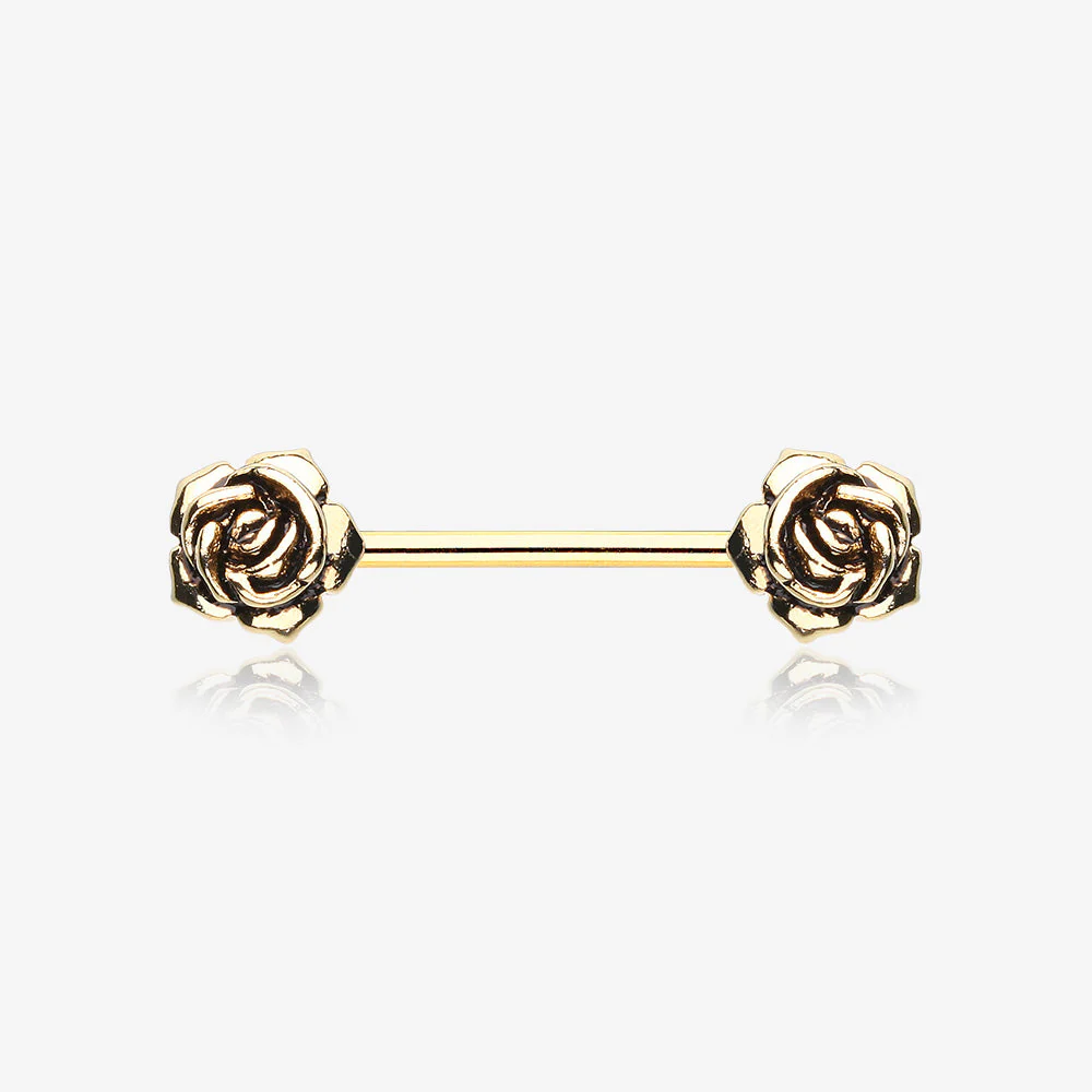 A Pair of Golden Vintage Rose Flower Nipple Barbell Ring