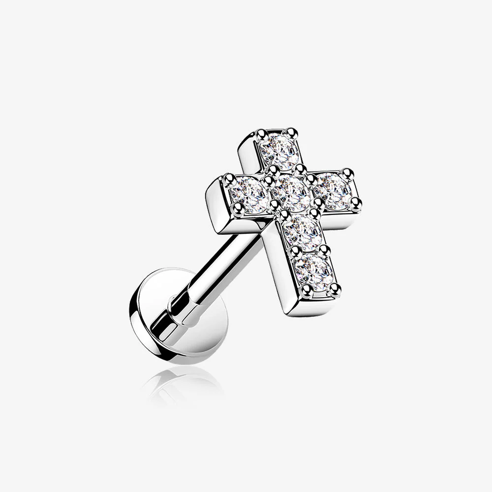 Grand Sparkle Cross Top Internally Threaded Steel Flat Back Stud Labret