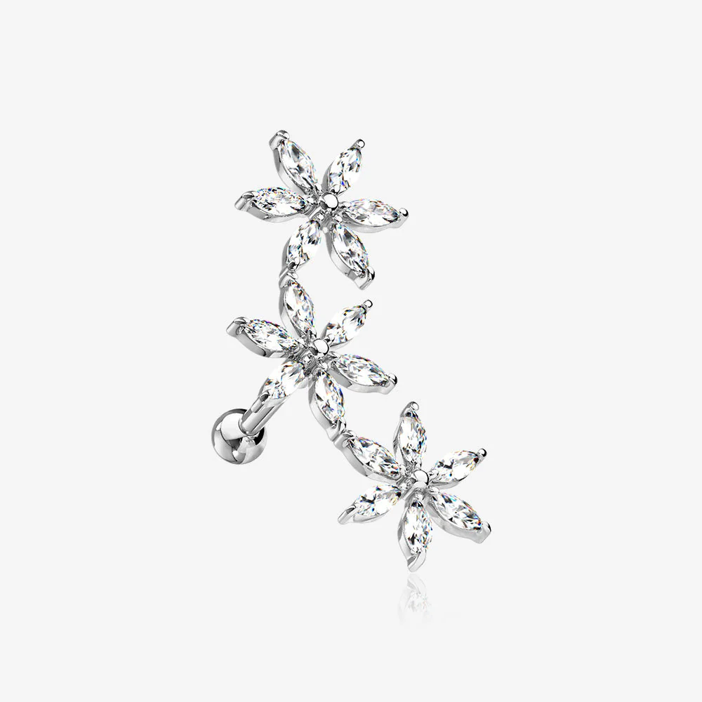 Grand Sparkle Triple Flowers Steel Cartilage Tragus Barbell Stud